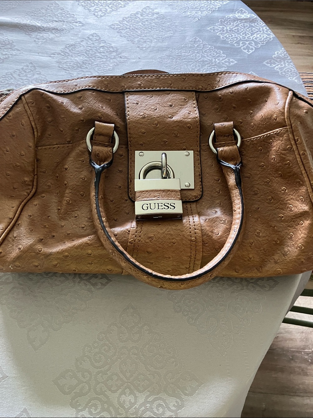 GUESS Tan Ostrich-Embossed Satchel with Gold Hardware